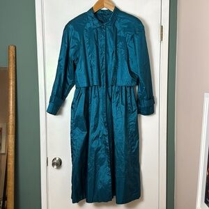 Vintage Metallic Teal Long Trench Rain Jacket - Size 06